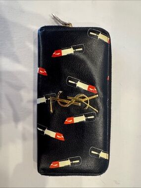 Yves Saint Laurent Black Lipstick Print Zip Wallet with Gold YSL Logo